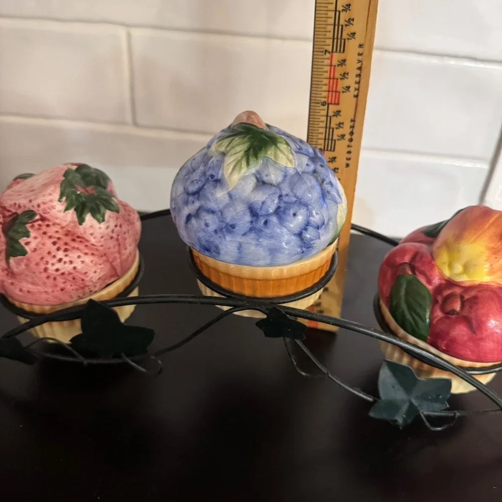 Ceramic Fruit Canister Set Metal Rack Cottagecore Strawberry blueberry apples